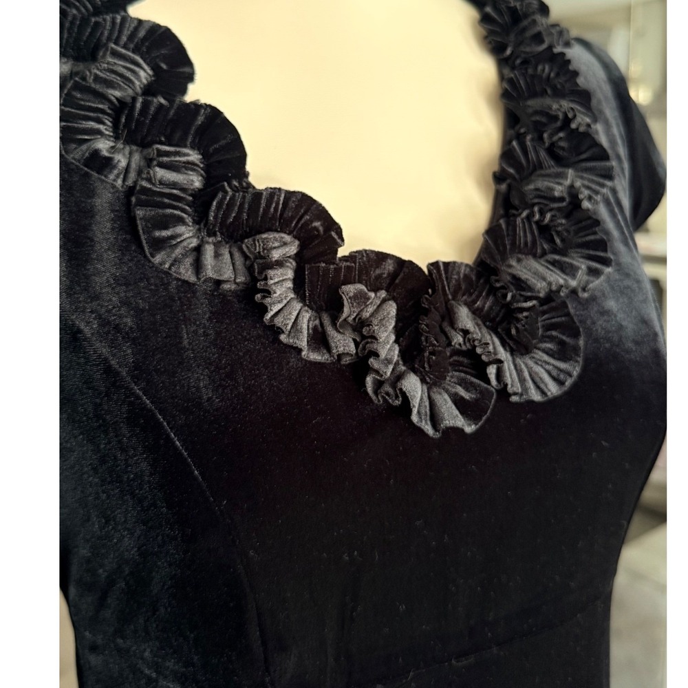 K Studio Collection Black Velvet Ruffle Empire Waist Midi Dress Size 6 Vintage - Picture 7 of 12